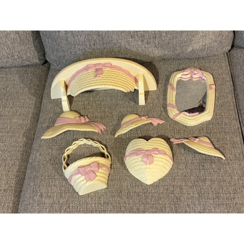 Vintage Burwood Products 7pc Pink Bow Wicker Basket Wall Decor Shabby Chic 80s